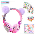 Kinder-Kopfhörer mit Katzenohren & Pompon | Mädchen Headset mit Mikrofon, lila