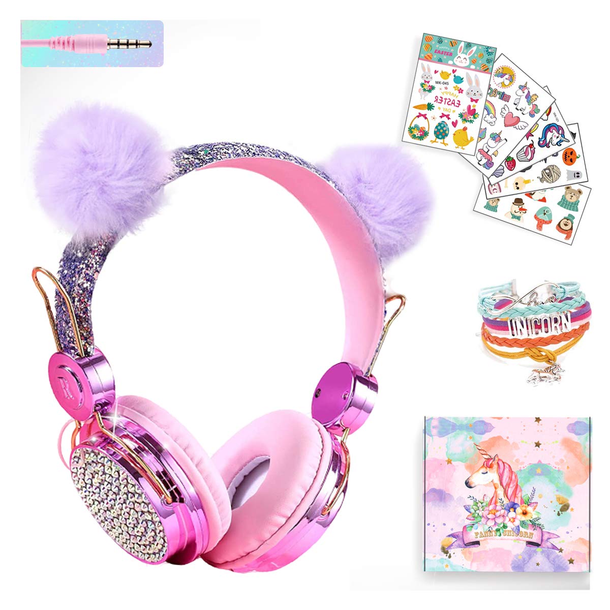Kinder-Kopfhörer mit Katzenohren & Pompon | Mädchen Headset mit Mikrofon, lila
