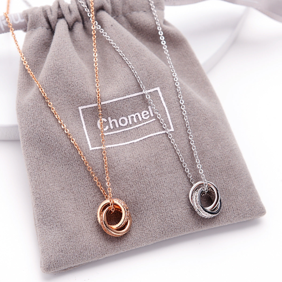 Chomel Doppelring-Halskette für Damen – S925 Silber mit Mikro-Diamanten