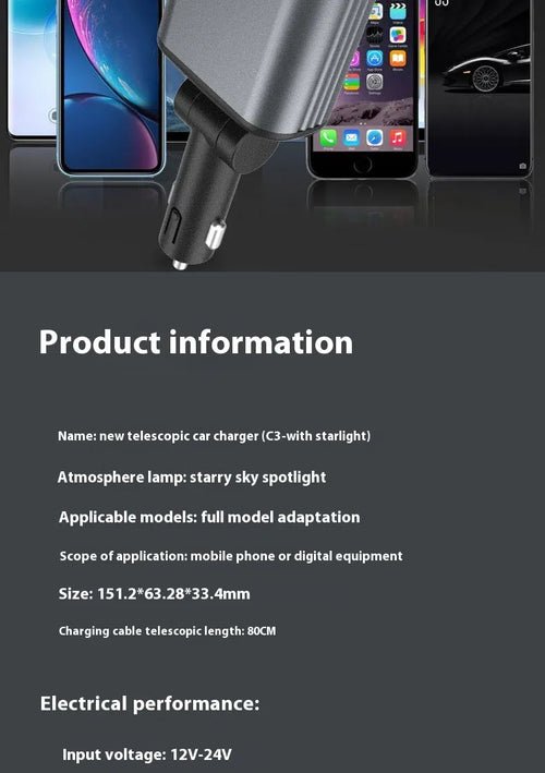 4-in-1 Auto Ladegerät mit einziehbarem Kabel – USB, USB-C, Lightning & Micro-USB