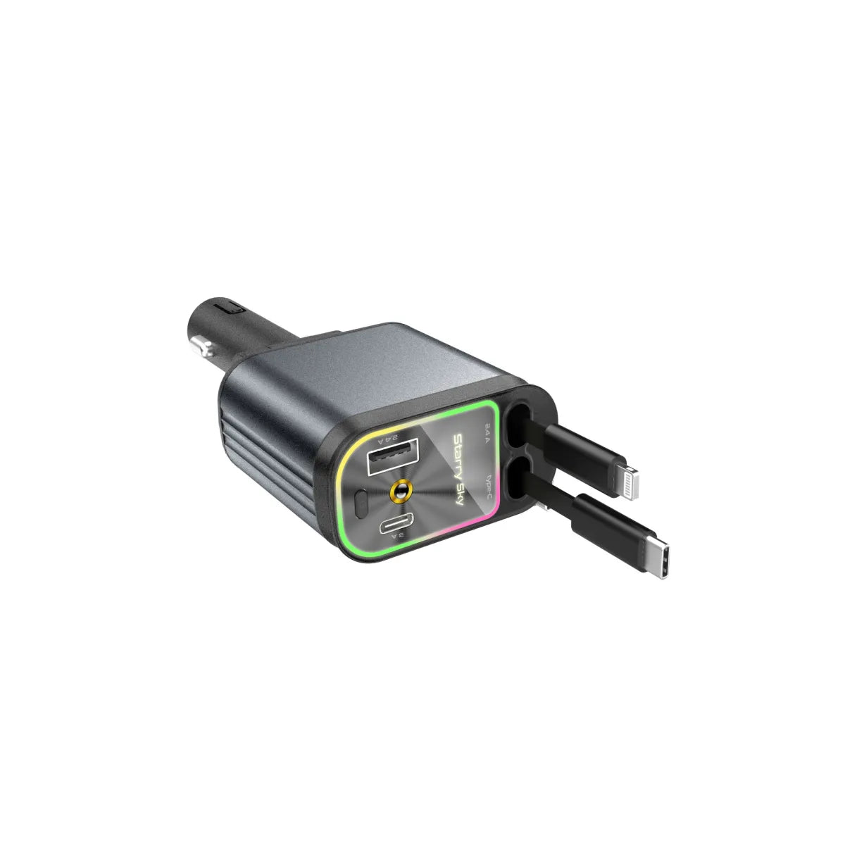 4-in-1 Auto Ladegerät mit einziehbarem Kabel – USB, USB-C, Lightning & Micro-USB