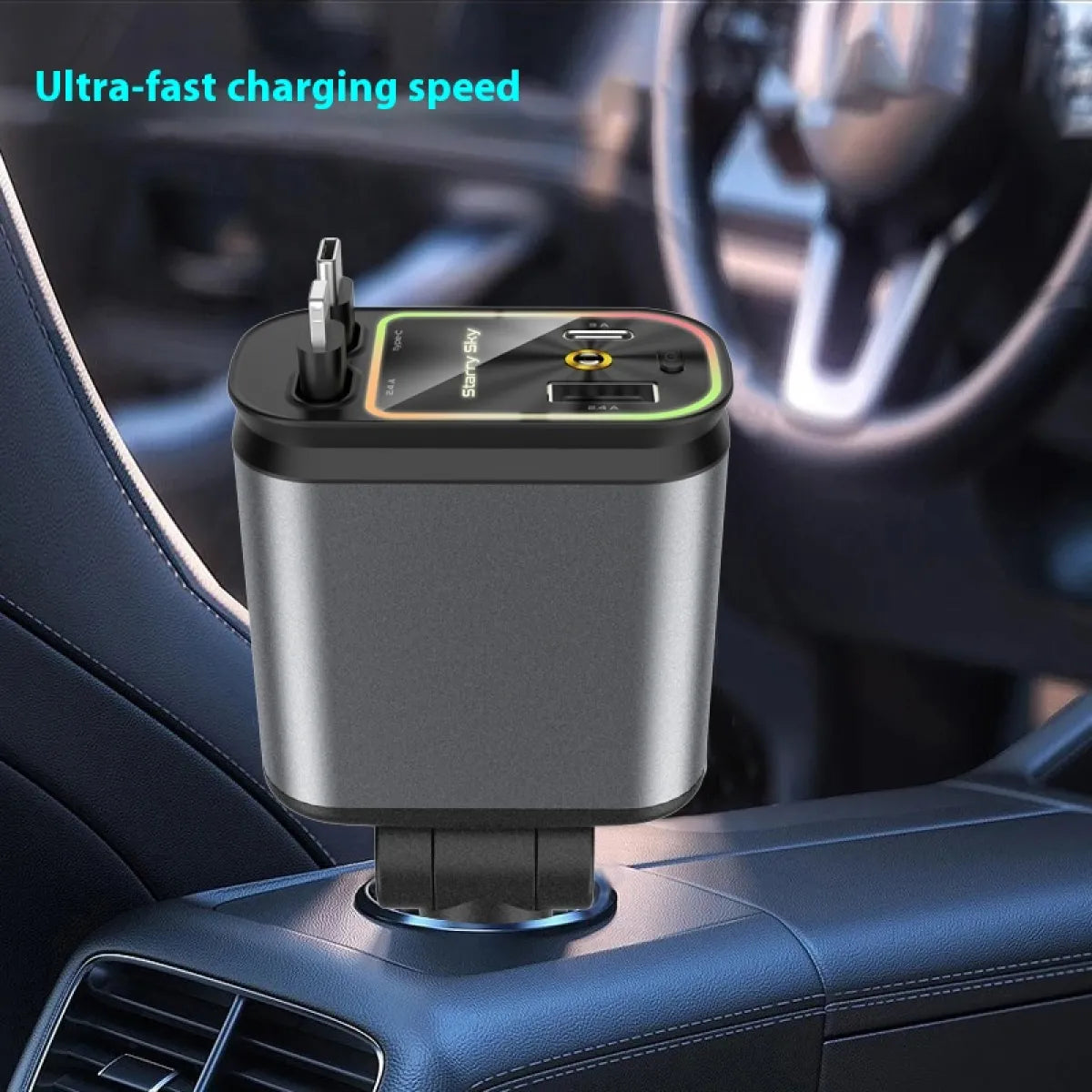 4-in-1 Auto Ladegerät mit einziehbarem Kabel – USB, USB-C, Lightning & Micro-USB