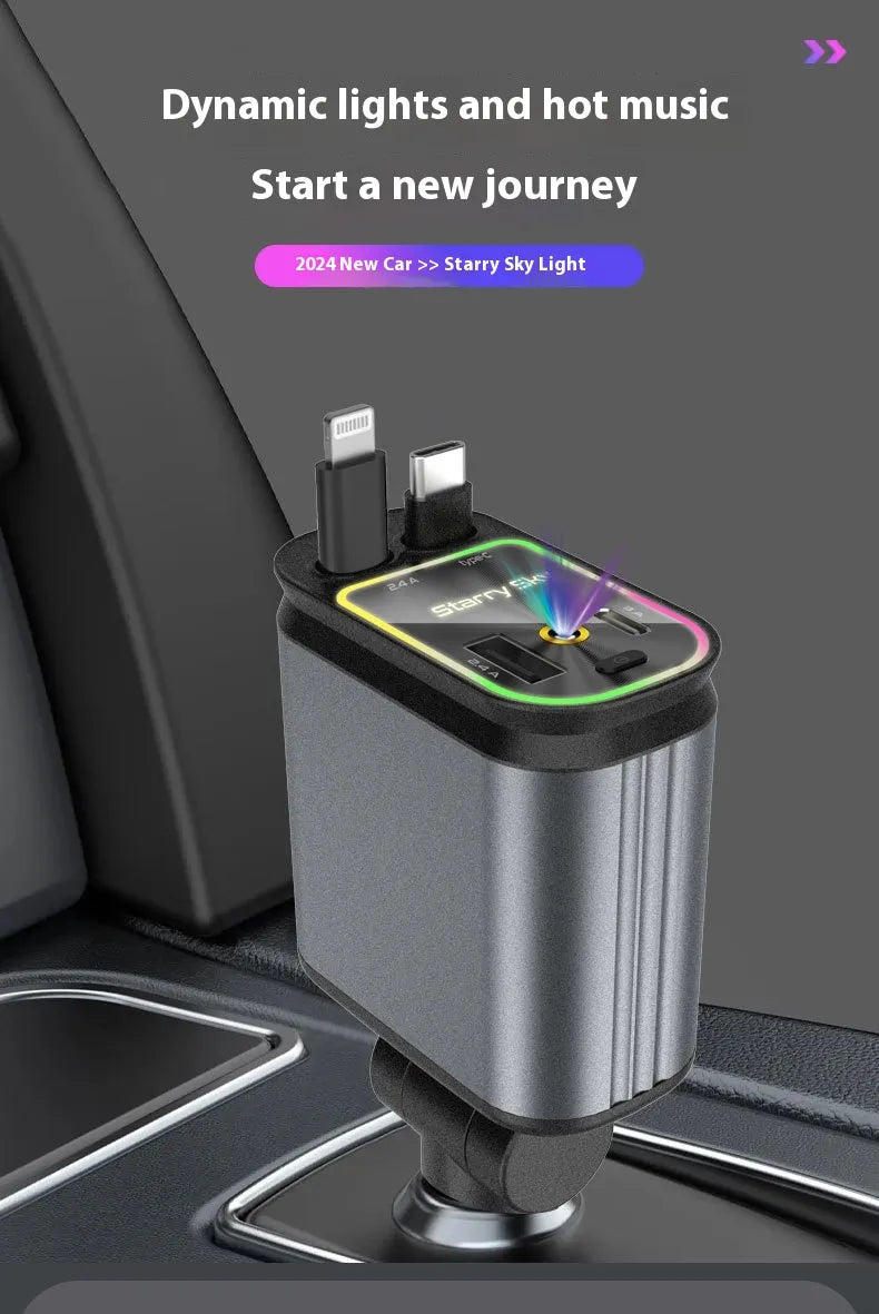 4-in-1 Auto Ladegerät mit einziehbarem Kabel – USB, USB-C, Lightning & Micro-USB