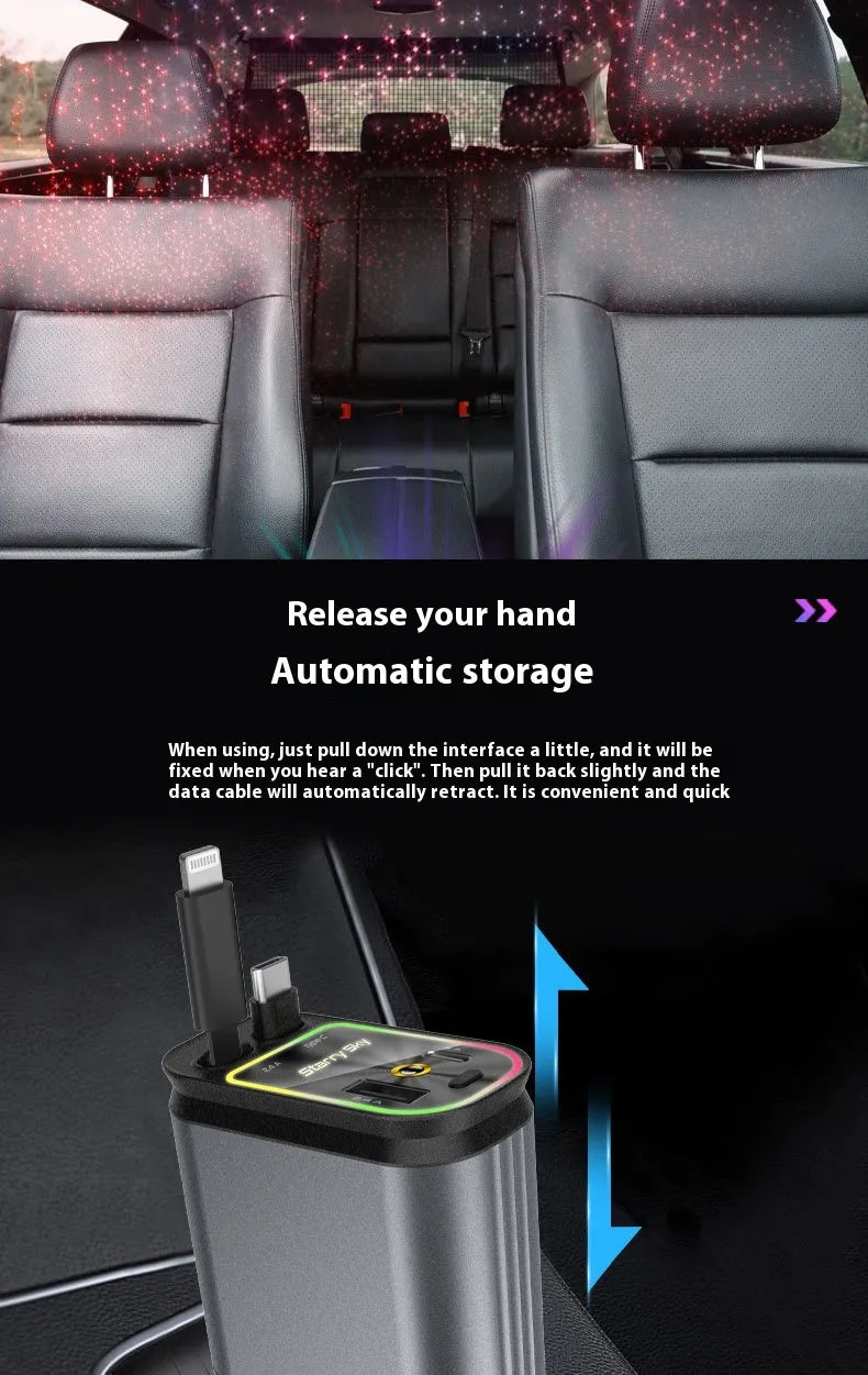4-in-1 Auto Ladegerät mit einziehbarem Kabel – USB, USB-C, Lightning & Micro-USB