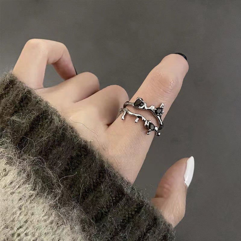Silber Mikro-Strass Schwarzer Blumenzweig Ring