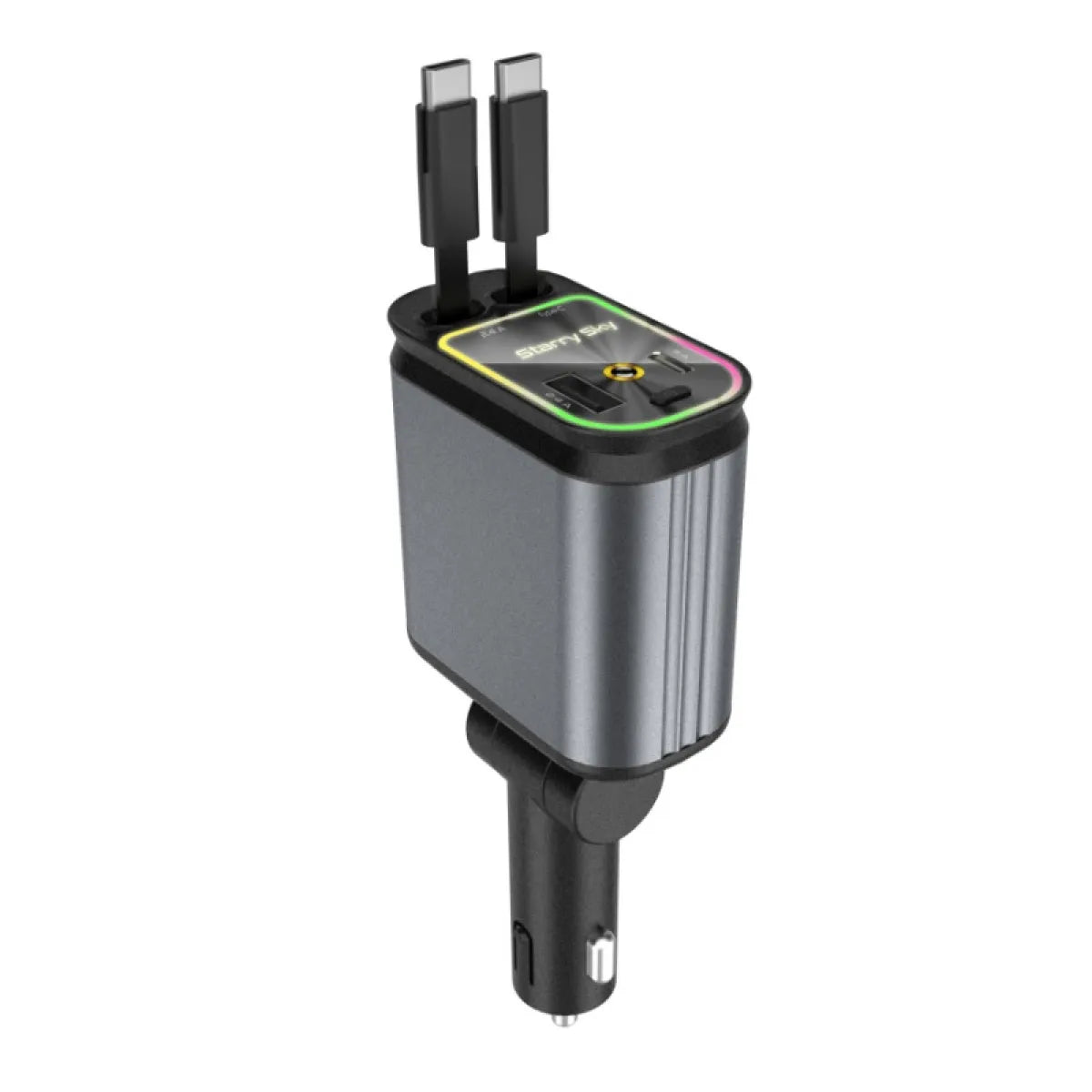 4-in-1 Auto Ladegerät mit einziehbarem Kabel – USB, USB-C, Lightning & Micro-USB