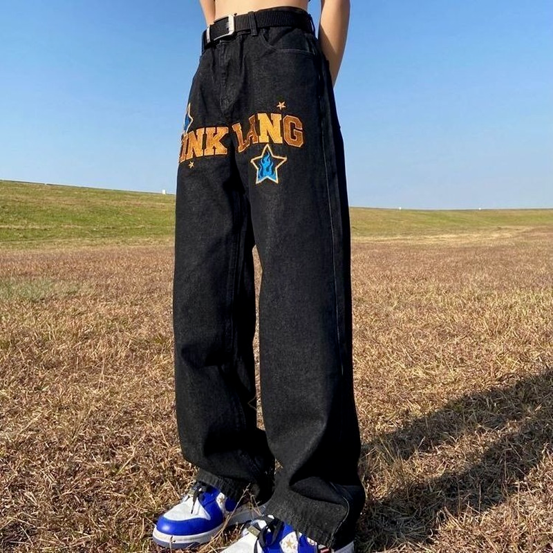 Retro Hip-Hop Baggy Jeans Herren | Weites Bein, lockerer Schnitt, Schwarz