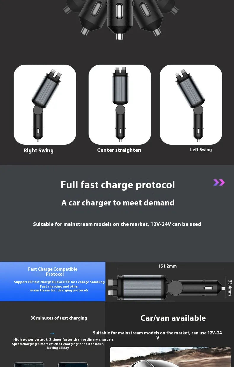 4-in-1 Auto Ladegerät mit einziehbarem Kabel – USB, USB-C, Lightning & Micro-USB