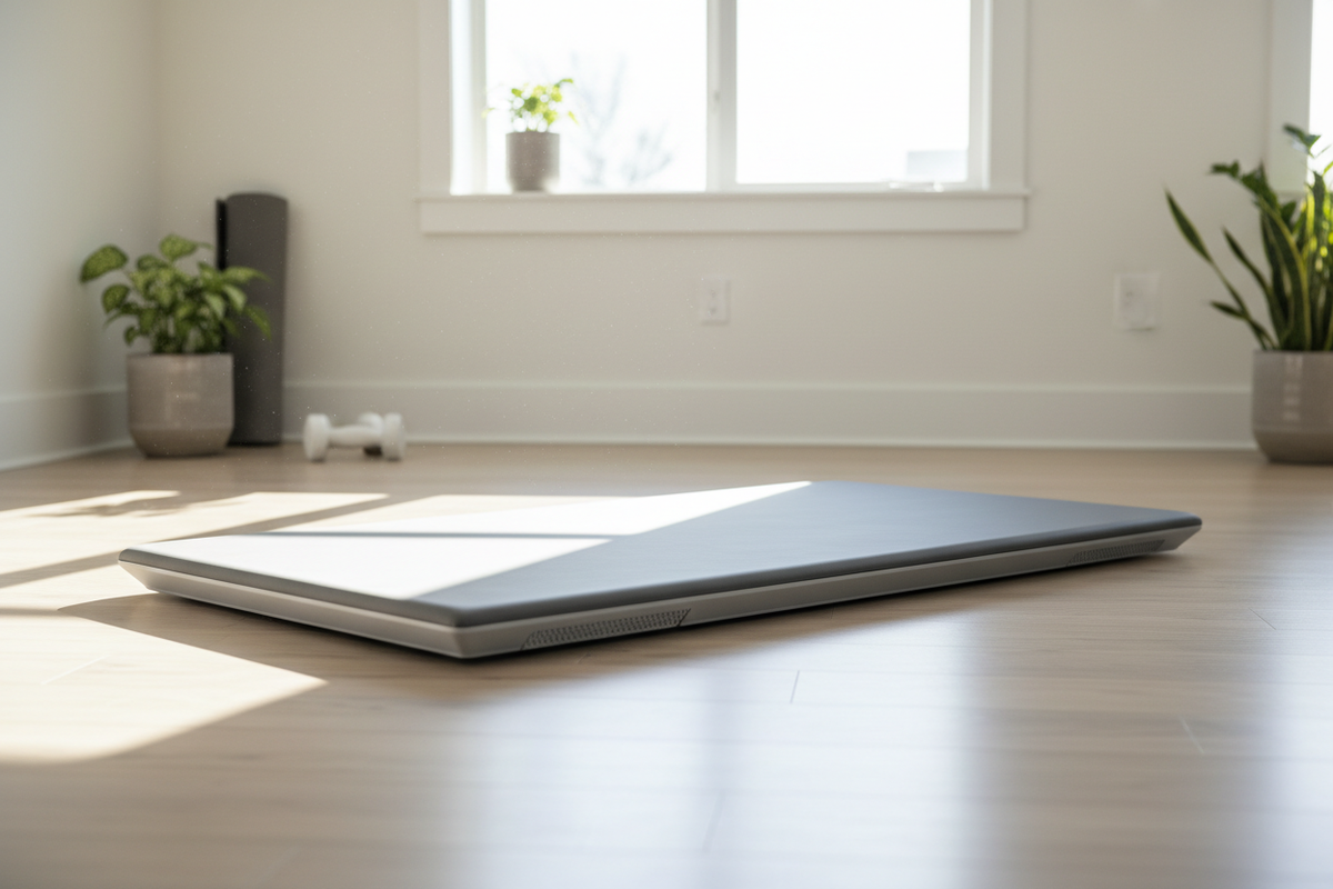 Kompaktes Pilates Sliding Board auf Holzboden im hellen Heimstudio